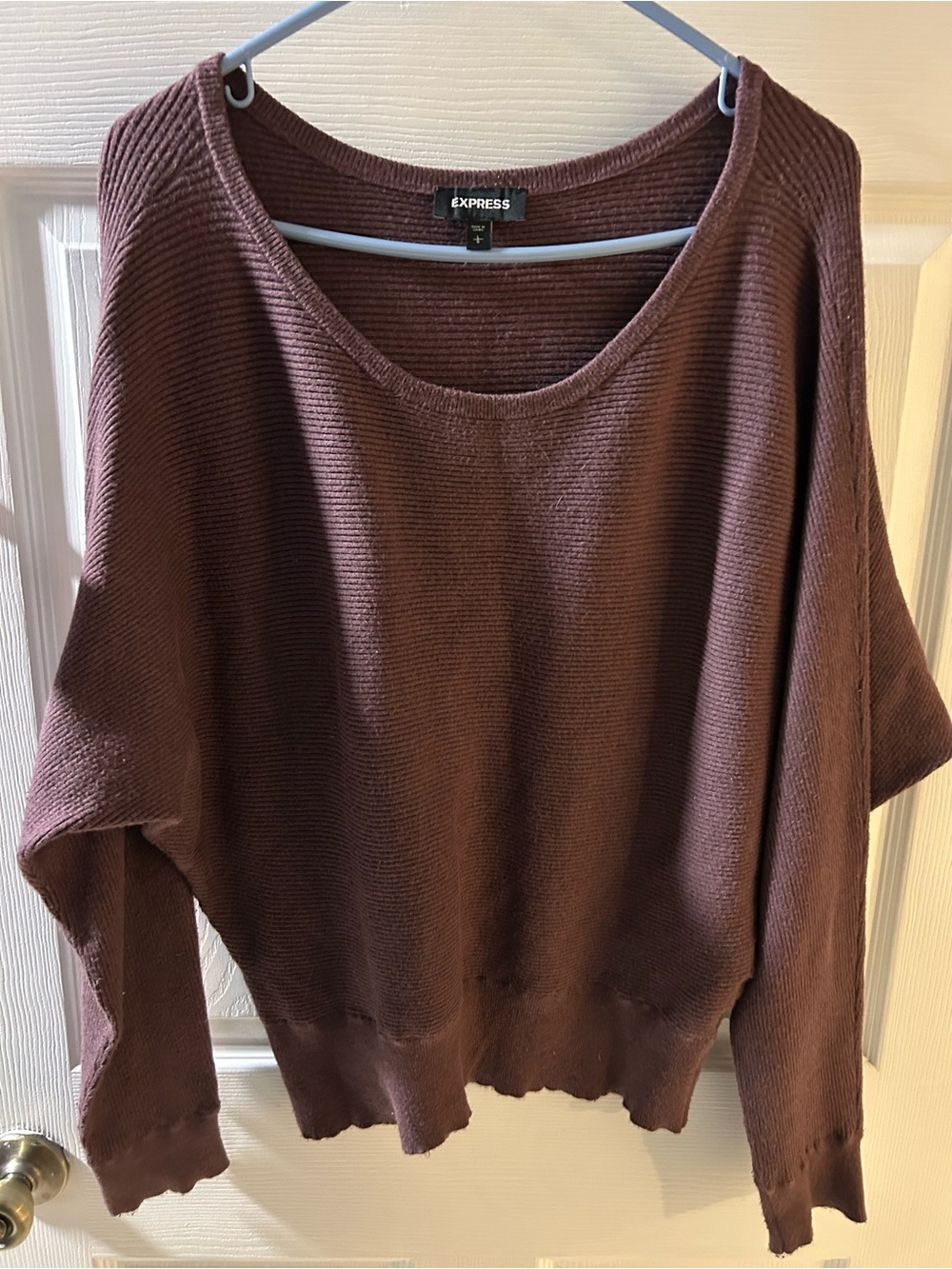Express rib-knit brown sweater wide scooped neckline and dolman sleeves Size L